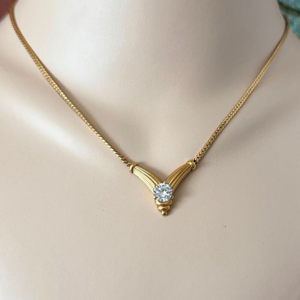 Vintage Krementz Gold Tone Herringbone Clear Crystal Necklace